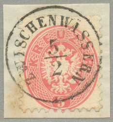 1864, 5kr, red, perfect cancel ZWISCHENWÄSSERN, Müller 25p, some ...
