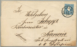 1858, 15 kr blue, Type II on letter with perfect cancel ST. ...