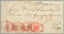 1858, 3 kr rot und 6 kr, braun (4, zwei waagrechte Paare), auf ...