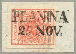 1850, 3 kr, red, on piece, cancel PLANINA, Müller 20p, very fresh, ...