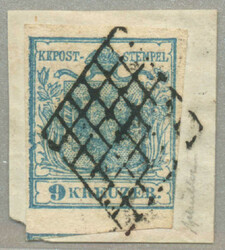 1850, 9 kr, Type I, auf Briefstück, Randdruck links, stummer Stempel ...