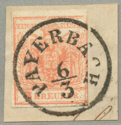 1850, 3 kr, rot, auf Briefstück, gestempelt PAYERBACH, Müller 15p, ...