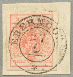 1850, 3 kr, rot, auf Briefstück, gestempelt EBERNDORF, Müller 20p, ...