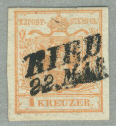 1850, 1kr, braunorange, quadrilliertes Papier, gestempelt RIED, oben ...