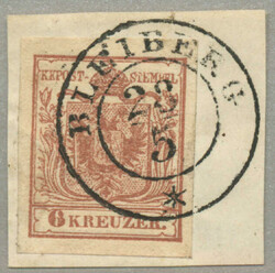 1850, 6 kr, braun, auf Briefstück, Stempel BLEIBERG, Müller 20p, ...