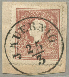 1858, 10kr, brown, on piece, cancel JAUERNIG, Müller unlisted on ...