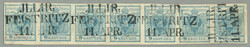 1850, strip of seven, 9 kr/blue, with triple line cancellation from ...