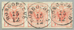 1850, 3 kr, red, HP, Type IIIa, 3er-Streifen/strip of three, drei ...