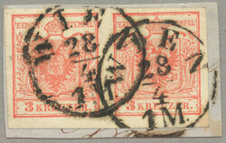 1850, 3kr, tomatenrot, sehr seltenes MISCH-Paar, auf Briefstück, ...
