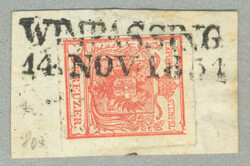 1850, heute Burgenland, 3 kr, rot, HP, Type I, WIMPASSING 1851, ...
