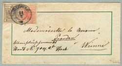 1850, 3 kr rosarot mit stark unterlegter Mitte und 6 kr braun, ...