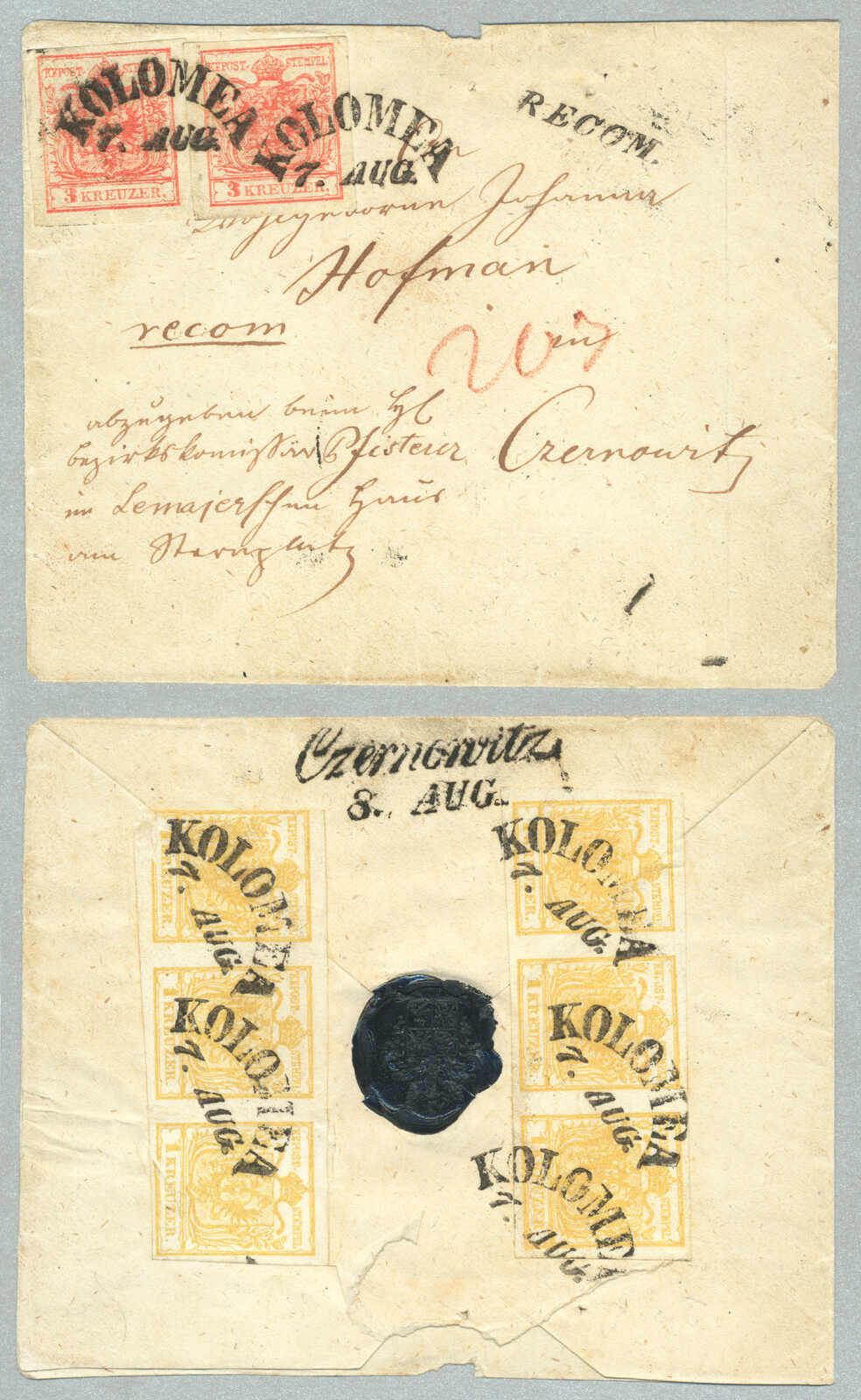 1850, from Kolomea to Czernowitz, registered cover franked with two ...