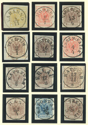 1850, 1kr (linker Bogenrand), 3kr, 6kr und 9 kr., Lot von 14 Marken, ...