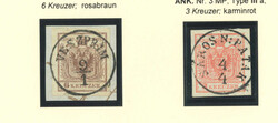 1850, 1kr (linker Bogenrand), 3kr, 6kr und 9 kr., Lot von 14 Marken, ...