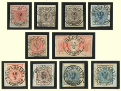 1850, 3 kr, rot (4, dabei ein Paar), 6 kr, braun (3) und 9 kr, blau ...