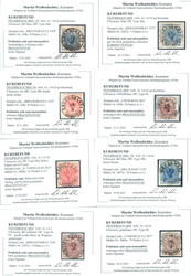 1850, 3 kr, rot (4, dabei ein Paar), 6 kr, braun (3) und 9 kr, blau ...