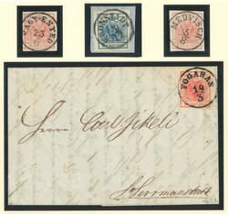 1850, 3 kr, rot (3, dabei ein Brief), und 9 kr, blau, 2 lose Marken, ...