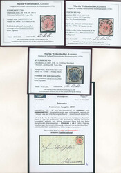 1850, 3 kr, rot (3, dabei ein Brief), und 9 kr, blau, 2 lose Marken, ...