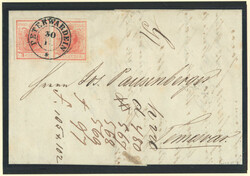 1852, 3 kr, rot (2), auf Brief, gestempelt PETERWARDEIN, nach ...