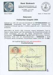 1852, 3 kr, rot (2), auf Brief, gestempelt PETERWARDEIN, nach ...