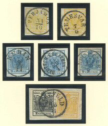 1850, 1 kr, kadmiumgelb (2), 9 kr. blau (3), 1+2kr auf Briefstück, 5 ...