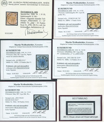 1850, 1 kr, kadmiumgelb (2), 9 kr. blau (3), 1+2kr auf Briefstück, 5 ...