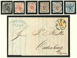 1850, 1 kr bis 5 kr, 6 lose Marken und 2 Briefe, alle mit sitzenden ...