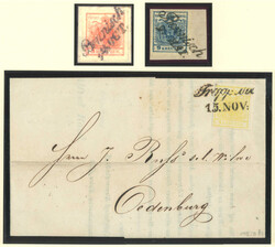 1850, 1kr, gelb, auf Drucksache von TROPPAU, 3 kr, rot und 9 kr. blau ...