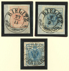 1850, 3 kr, rot, auf Briefstück und 9 kr, blau (2, davon eine auf ...