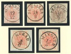 1850, 3 kr, rot (4, davon 2 Briefstücke) und 6 kr, braun, je mit ...