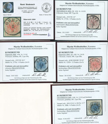 1850, 3 kr, rot (2), 6 kr, braun (2), 9 kr (2, davon eine auf ...