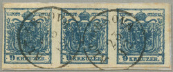1850, 9kr, type III, hand paper, on piece, strip of (3), cancel ALT ...