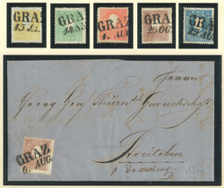 1858, 2 kr, gelb und orange, 3 kr, grün 5kr, 10 kr (2 davon 1 auf ...