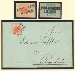 1850, 3 kr, rot (2 ein Briefstück, ein Brief) und 9 kr, blau, auf ...
