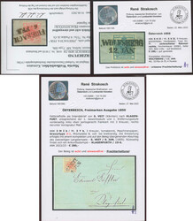 1850, 3 kr, rot (2 ein Briefstück, ein Brief) und 9 kr, blau, auf ...