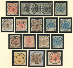 1850, 1 kr bis 9 kr, dabei ein waagrechter Dreierstreifen der 2 kr, ...