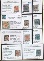 1850, 1 kr bis 9 kr, dabei ein waagrechter Dreierstreifen der 2 kr, ...