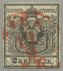 1850, 2 kr., schwarz, Plattenfehler E von KREUZER verstümmelt, roter ...