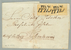 1852, 1 Kr., gelb, Dreierstreifen, eng beschnitten, entwertet CILLI / ...