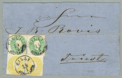 1860, (2) 2 Kr., gelb und (2) 3 Kr., grün, entwertet CILLI / 14/1, ...