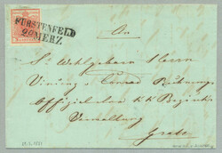 1851, 3 Kr., rot, geripptes Papier, entwertet FÜRSTENFELD / 29.MERZ, ...