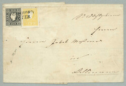 1858, 3 Kr., schwarz und 2 Kr., gelb, entwertet mit GAISHORN / 11. ...