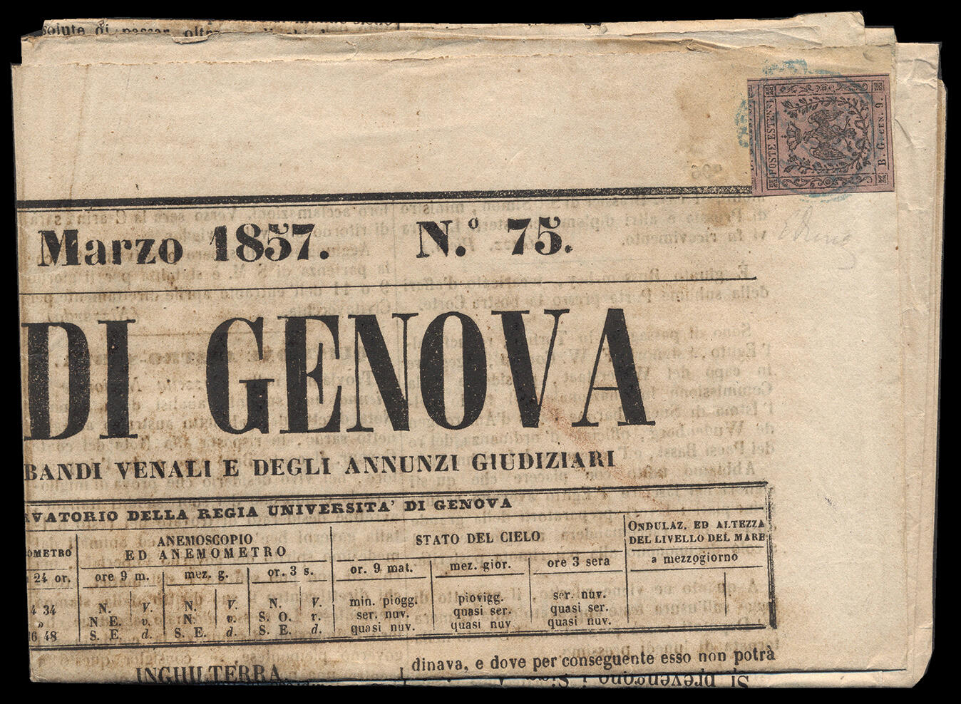 Modena. Giornale completo "Gazzetta di Genova" del 28/3/1857 spedito ...