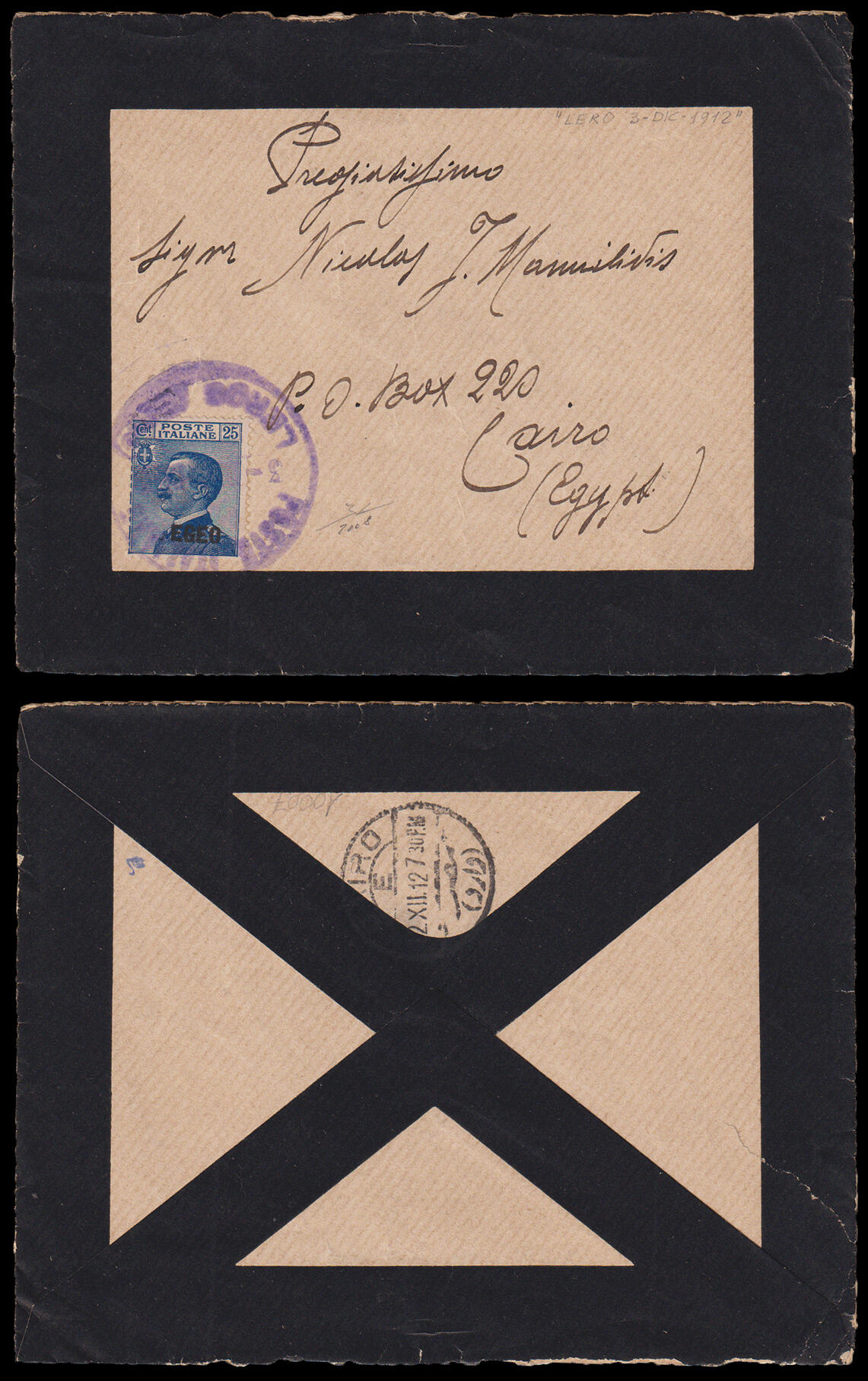 Egeo. Busta listata a lutto spedita da Leros il 3/12/1912 per Cairo, ...