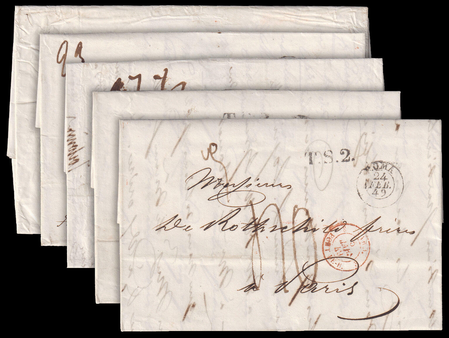 Pontificio. 1849-1851 gruppo di cinque lettere da Roma per Parigi. ...