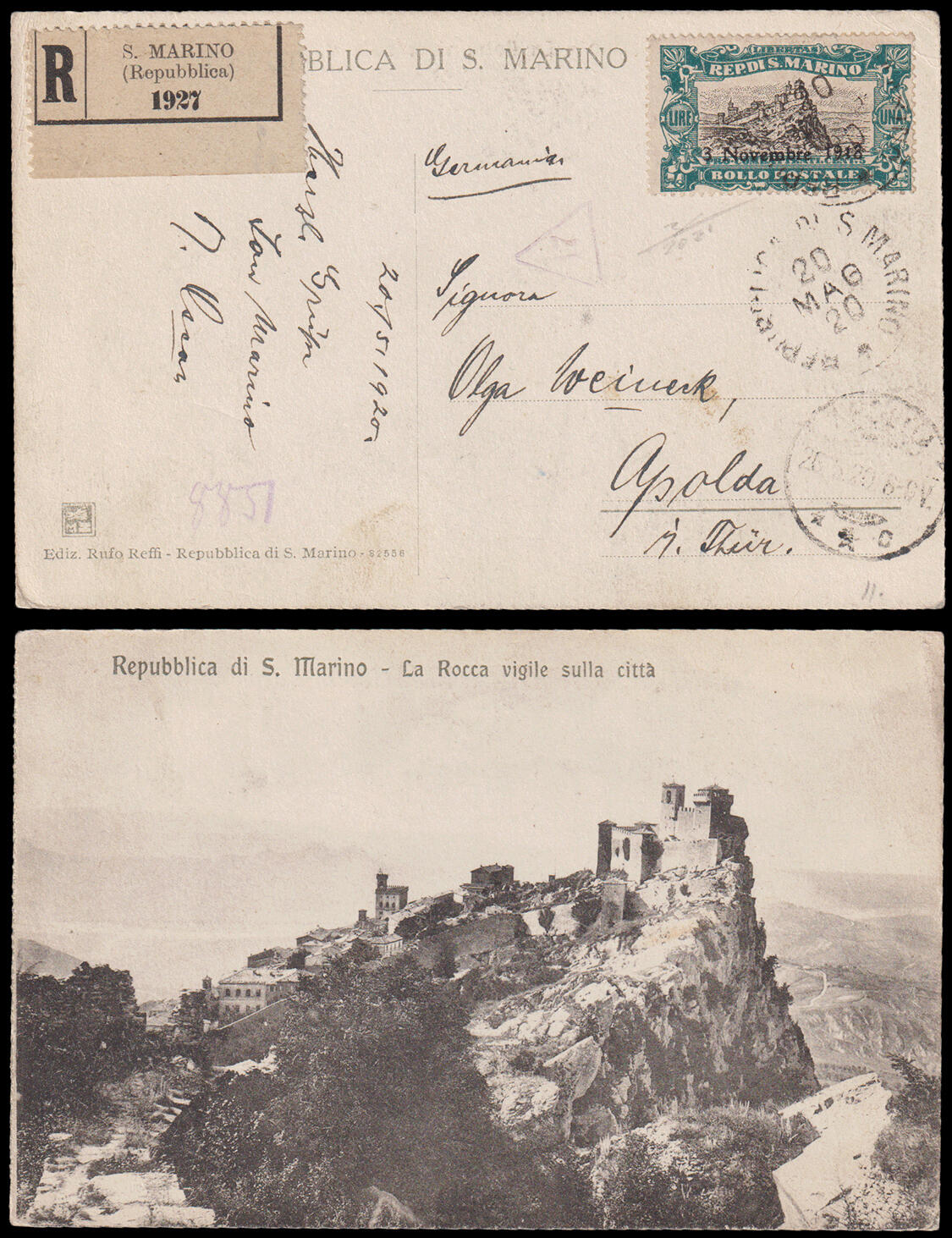 San Marino. Cartolina postale raccomandata spedita da San Marino il ...
