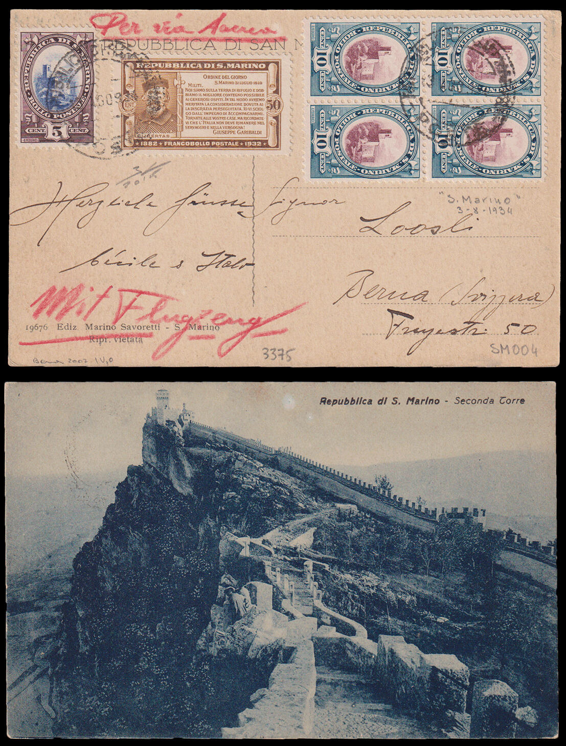 San Marino. Cartolina postale con cinque parole spedita via aerea da ...