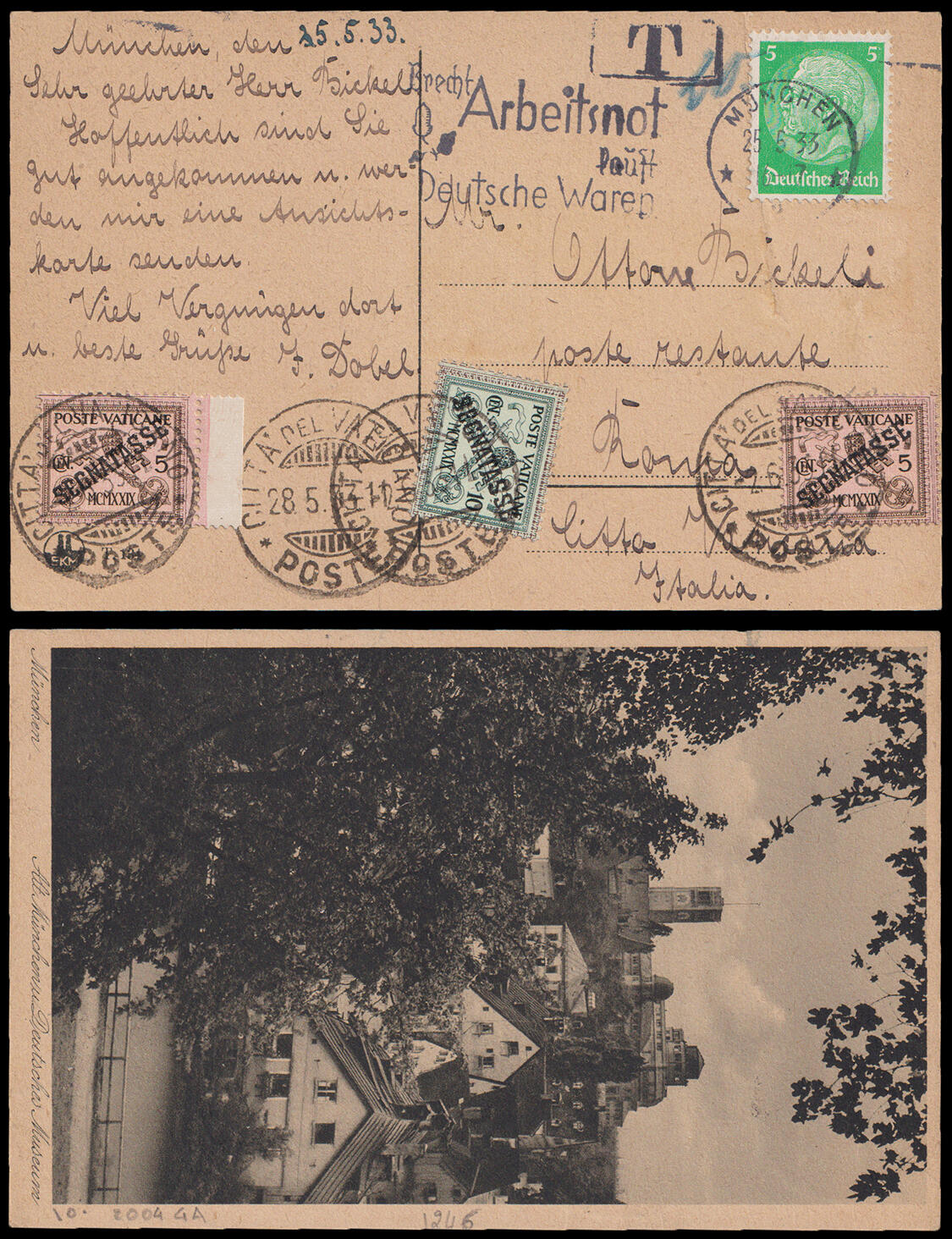 Vaticano. TASSATA, incoming cartolina postale da Monaco di Baviera ...