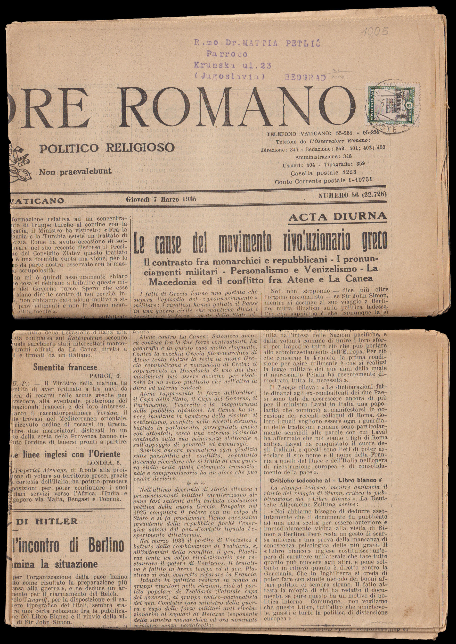 Vaticano. Giornale completo L'OSSERVATORE ROMANO del 7 Marzo 1935 ...