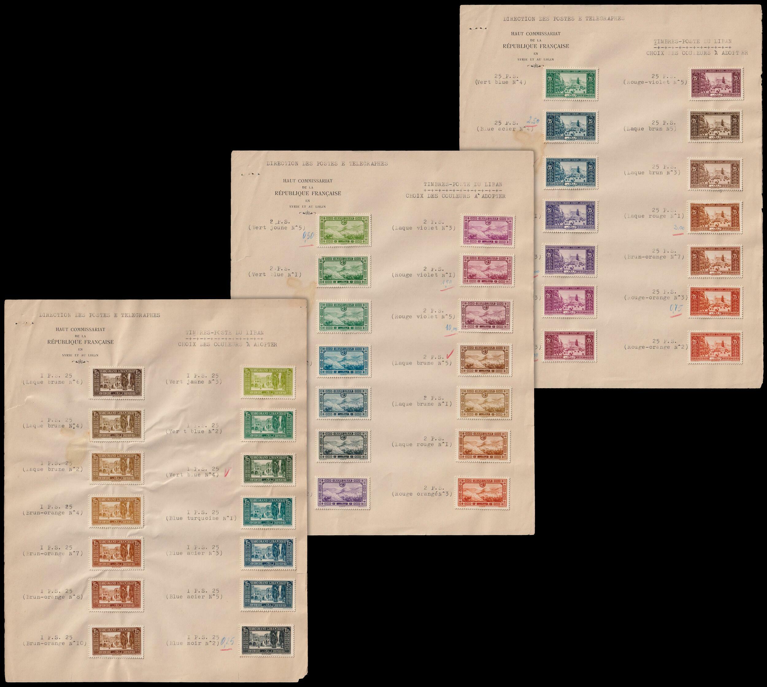 Lebanon Stamps. 1925, COLORS PROOF stamps of Grand Liban on three ...